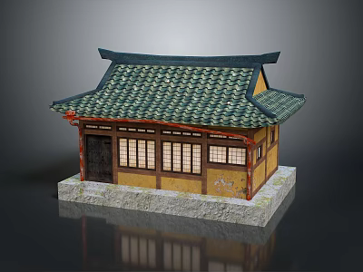 Traditional Japanese Architecture Model Featuring Green Tiled Roof Wooden Lattice Windows And Stone Base 3d model