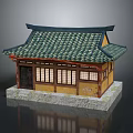 Traditional Japanese Architecture Model Featuring Green Tiled Roof Wooden Lattice Windows And Stone Base