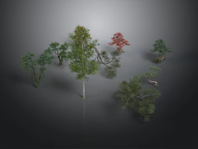 Various Types of Trees with Green and Red Leaves in Different Shapes on Grey Background 3d model