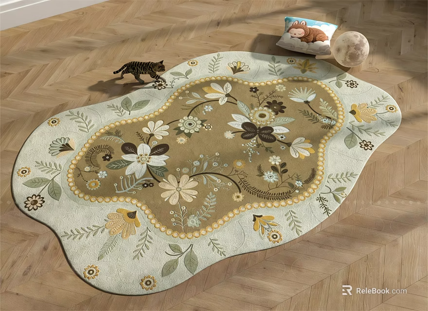 Decorative Floral Shaped Rug Featuring Flower Patterns Brown Beige On Wooden Floor With Cat Toy 3d model 