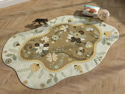 Decorative Floral Shaped Rug Featuring Flower Patterns Brown Beige On Wooden Floor With Cat Toy 3d model