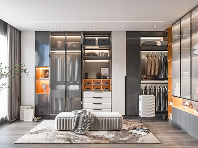 Modern Walk in Closet Interior With Glass Door Cabinets Hanging Clothes Bench And Drawers 3d model