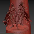 Fantasy Characters In Red Black Armor With Flame Effects Standing On Platform 3d model
