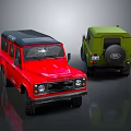 Red and Green Off Road SUVs with Black Roofs and Spare Tire Design