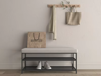 Stylish Entryway Bench With Hanging Bag Towel And Shoes In Minimalist Design 3d model