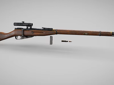 Vintage Bolt Action Rifle With Wooden Stock Scope And Ammunition Bullets 3d model
