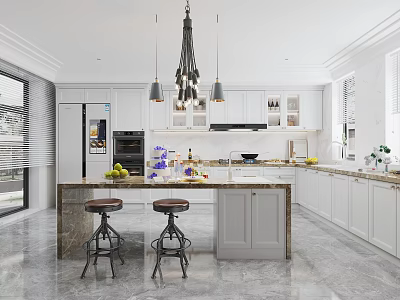 Modern Open Kitchen Interior With Island Counter White Cabinets Marble Countertops Pendant Lights Bar Stools 3d model