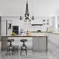 Modern Open Kitchen Interior With Island Counter White Cabinets Marble Countertops Pendant Lights Bar Stools