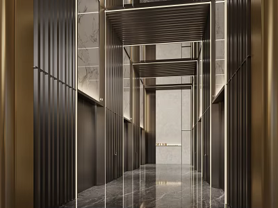 Modern Luxurious Elevator Hallway Interior Design With Metal Panels Marble Floor Recessed Lighting Symmetrical Layout 3d model