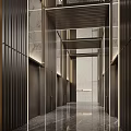 Modern Luxurious Elevator Hallway Interior Design With Metal Panels Marble Floor Recessed Lighting Symmetrical Layout