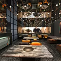 Modern Restaurant Interior With Blue Walls Orange Seats And Marble Tables