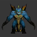 Blue Game Movie Character With Glowing Eyes Horns Orange Fins Green Patterns And Sharp Claws