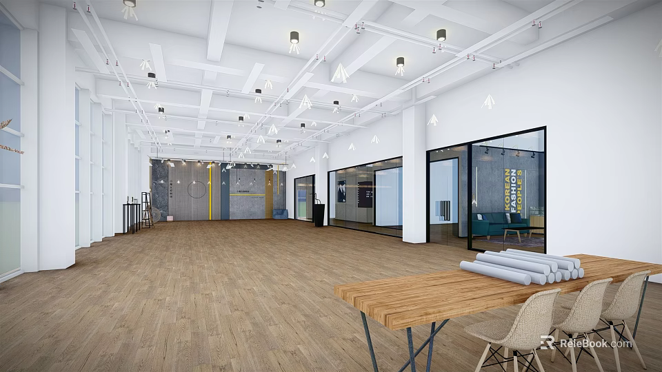 Public Office Space With Spacious Layout Wooden Flooring Ceiling Lights And Glass Partitions 3d model 