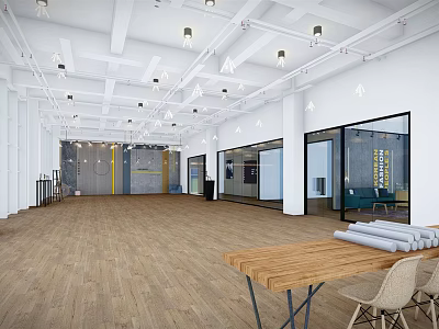 Public Office Space With Spacious Layout Wooden Flooring Ceiling Lights And Glass Partitions 3d model