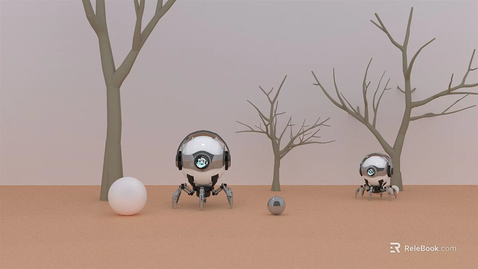 Smart Machines With Spherical Design Mechanical Legs Near Leafless Trees And Spheres 3d model 