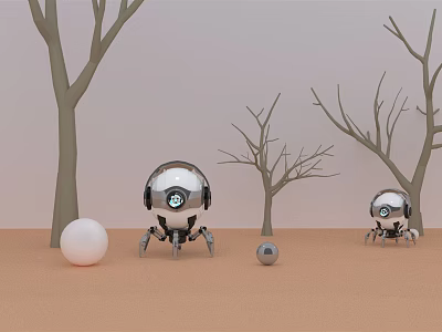 Smart Machines With Spherical Design Mechanical Legs Near Leafless Trees And Spheres 3d model