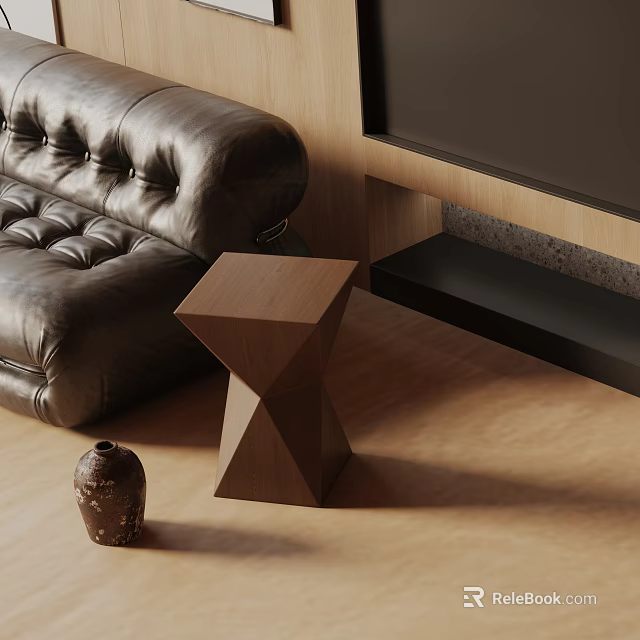 Wooden Geometric Design Side Table in Living Room with Leather Sofa and Decorative Vase 3d model 