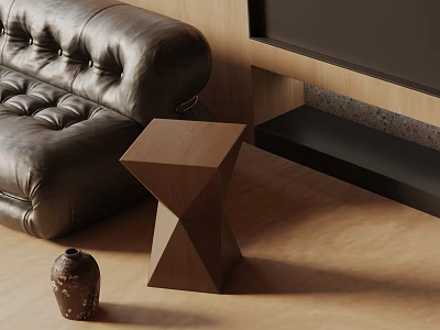 Wooden Geometric Design Side Table in Living Room with Leather Sofa and Decorative Vase 3d model