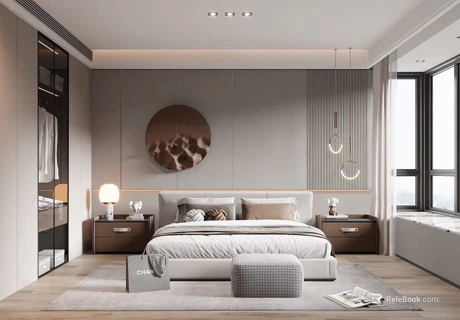 Modern Bedroom Interior With Circular Wall Art Pendant Lights And Walk In Closet 3d model 