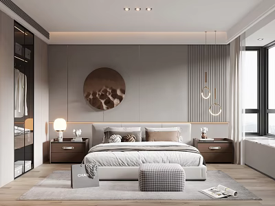 Modern Bedroom Interior With Circular Wall Art Pendant Lights And Walk In Closet 3d model