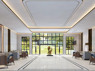 Luxurious Sales Office Interior With Large Windows Green Views And Sculpture Sofa Seats 3d model