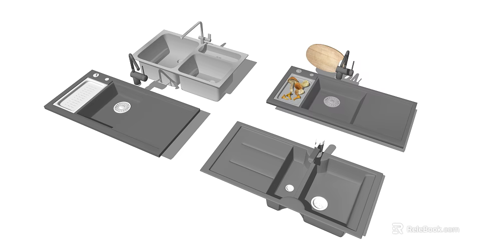 Modern Gray Stainless Steel Kitchen Sinks With Faucet Drainboard Double Single Bowl 3d model 
