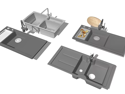 Modern Gray Stainless Steel Kitchen Sinks With Faucet Drainboard Double Single Bowl 3d model