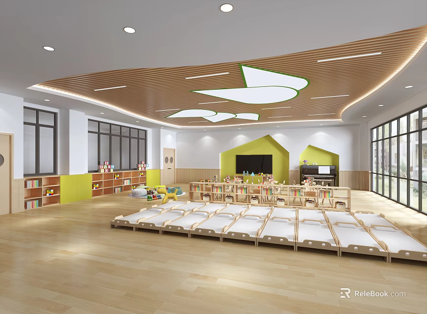 Bright Kindergarten Classroom With Wooden Flooring Yellow Green Storage Cabinets Children's Beds And Tables Chairs 3d model 