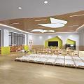 Bright Kindergarten Classroom With Wooden Flooring Yellow Green Storage Cabinets Children's Beds And Tables Chairs