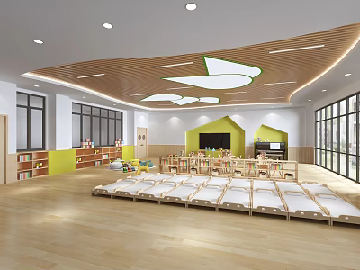 Bright Kindergarten Classroom With Wooden Flooring Yellow Green Storage Cabinets Children's Beds And Tables Chairs 3d model