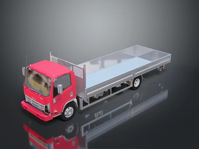 Red Flatbed Truck With Flat Trailer On Black Background And Reflection 3d model