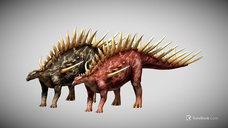 Two Colorful Stegosaurus Dinosaurs With Spiked Backs In 3D Rendering 3d model 
