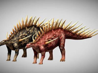 Two Colorful Stegosaurus Dinosaurs With Spiked Backs In 3D Rendering 3d model