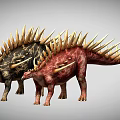 Two Colorful Stegosaurus Dinosaurs With Spiked Backs In 3D Rendering