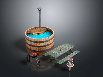 Outdoor Wooden Barrel Hot Tub With Picnic Table Grill And Small Tables 3d model