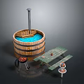 Outdoor Wooden Barrel Hot Tub With Picnic Table Grill And Small Tables
