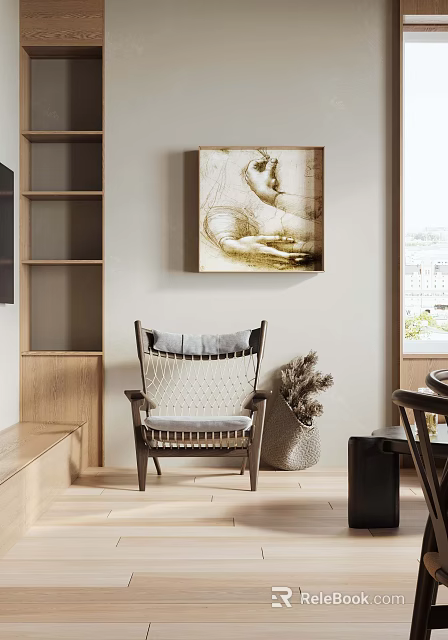 Modern Living And Dining Interior With Woven Seat Chair Wooden Shelves Wall Painting Window View 3d model 