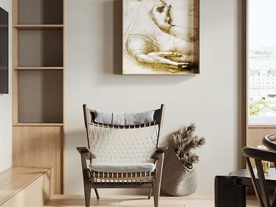 Modern Living And Dining Interior With Woven Seat Chair Wooden Shelves Wall Painting Window View 3d model