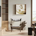 Modern Living And Dining Interior With Woven Seat Chair Wooden Shelves Wall Painting Window View