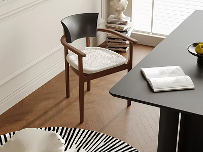 Modern Wooden Dining Chair With Black Backrest White Cushion Near Dark Table And Book On Wooden Floor 3d model