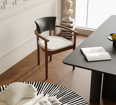 Modern Wooden Dining Chair With Black Backrest White Cushion Near Dark Table And Book On Wooden Floor 3d model