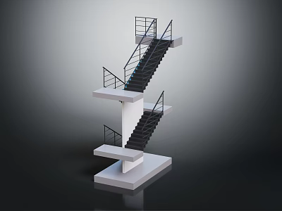 Modern Multi level Geometric Staircase Design With Metal Railings And White Platforms 3d model