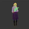 Red Haired Girl In Blue Sweater And Plaid Skirt Holding Flower Bouquet Against Gray Background