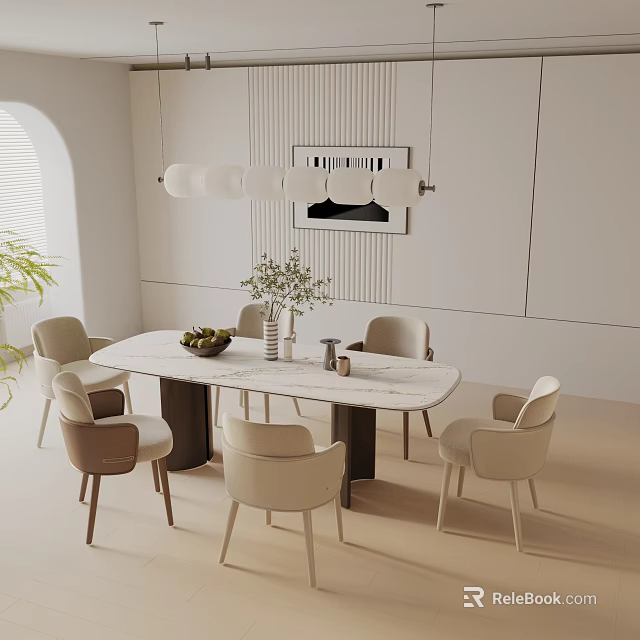 Modern Dining Table Set With Marble Top Upholstered Chairs Decorative Vase Greenery Pendant Light 3d model 