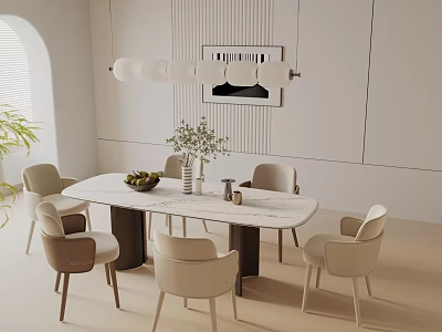 Modern Dining Table Set With Marble Top Upholstered Chairs Decorative Vase Greenery Pendant Light 3d model