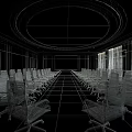 Modern Conference Room With Long Table White Chairs Large Screen And Circular Ceiling Light