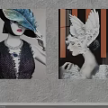 Stylish Female Portrait Paintings with Feather Accents Sequined Clothing Pearl Necklace on Orange Black Striped Backgrounds