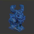 Traditional Mythical Beast Statue With Blue Brown Color Intricate Spiral Patterns Curled Horns And Square Base