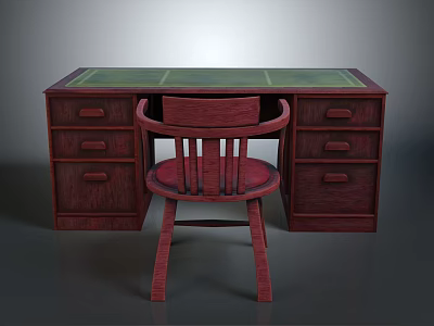 Dark Red Wooden Desk with Green Top and Matching Chair Featuring Drawers and Classic Design 3d model