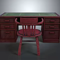 Dark Red Wooden Desk with Green Top and Matching Chair Featuring Drawers and Classic Design